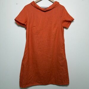 Le Muse Story Women Linen Shift Dress Large Orange Peter Pan Collar Bow Back Mod